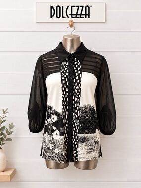 DOLCEZZA Black & White Printed Sheer Blouse Estimated Size 6-8